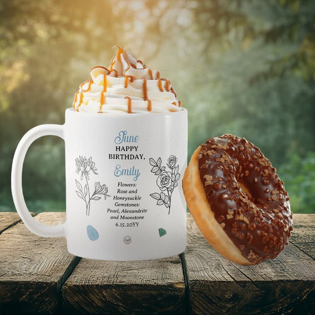 Caneca De Café June Rosa e Honeysuckle Birthday Keepsasaoke (June Floral and Birthstone Birthday Keepsake Coffee Mug)