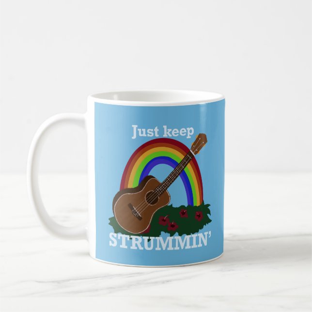 Caneca De Café Just Keep Strummin’ Ukulele Rainbow Hawaiian (Esquerda)