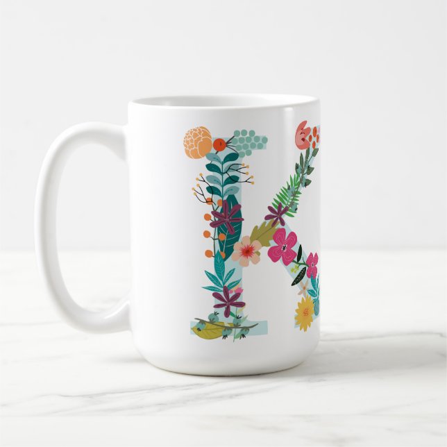 Caneca De Café K Monograma Mug, Floral K Inicial, Botânica (Esquerda)