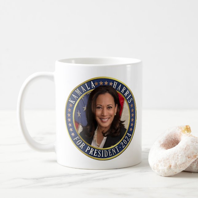 Caneca De Café Kamala Harris para Presidente 2024 Foto Democrata (Com Donut)