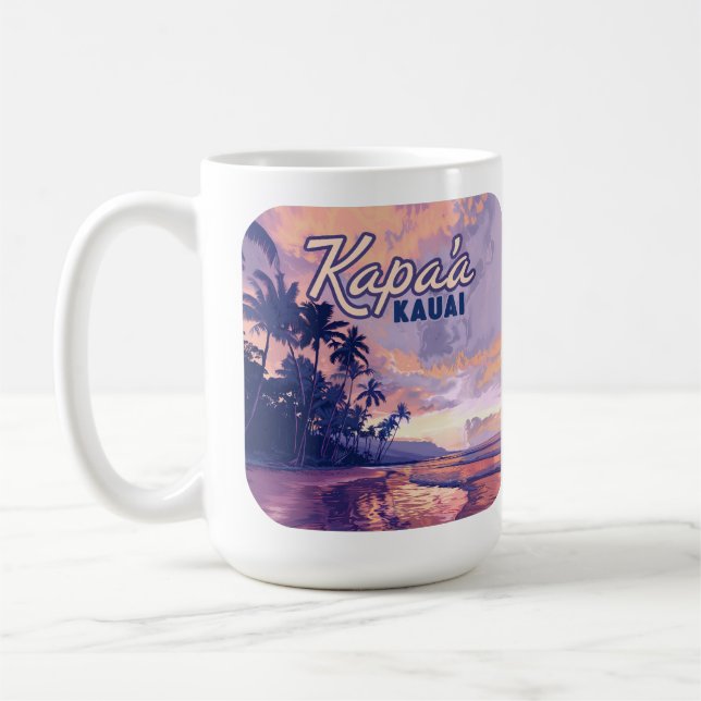 Caneca De Café Kapaa Kauai Hawaii Beach Sunset Palm Tree Retro (Esquerda)