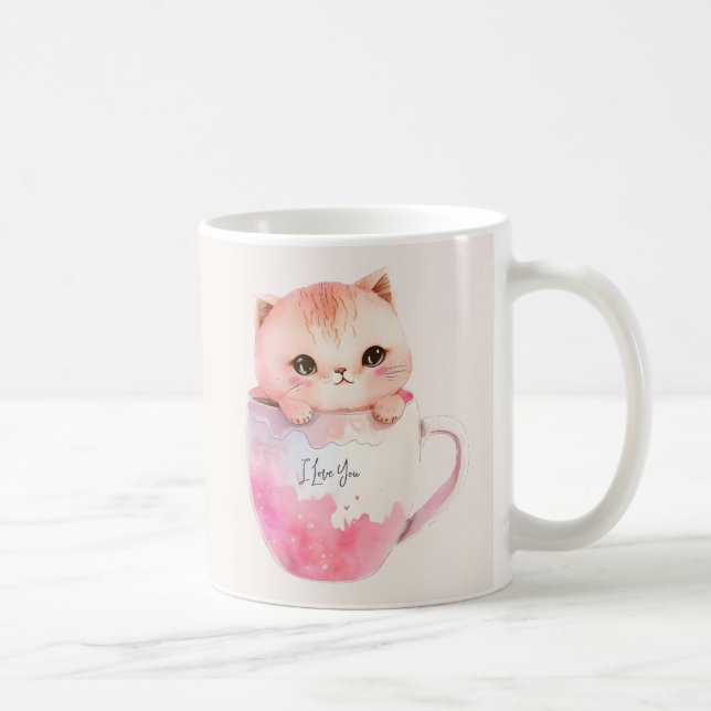 Caneca De Café Kawaii Blushing Pink Chibi Cat (Direita)