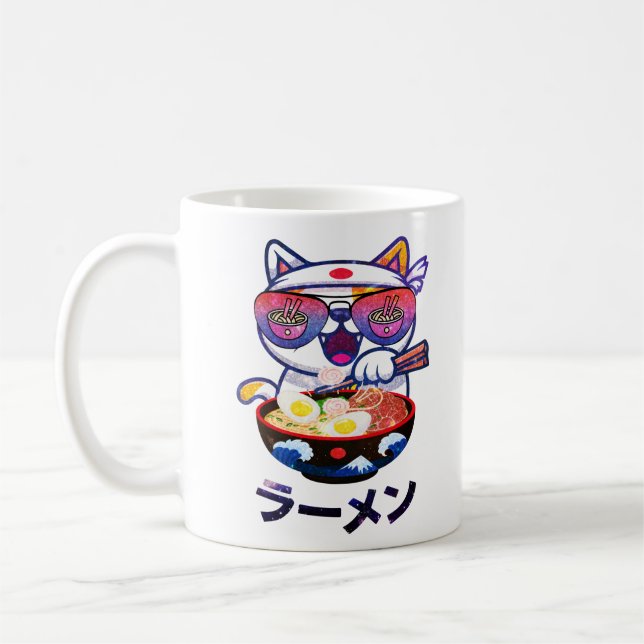 Caneca De Café Kawaii Cat Eating Ramen - Bonitos Noodles Japonese (Esquerda)