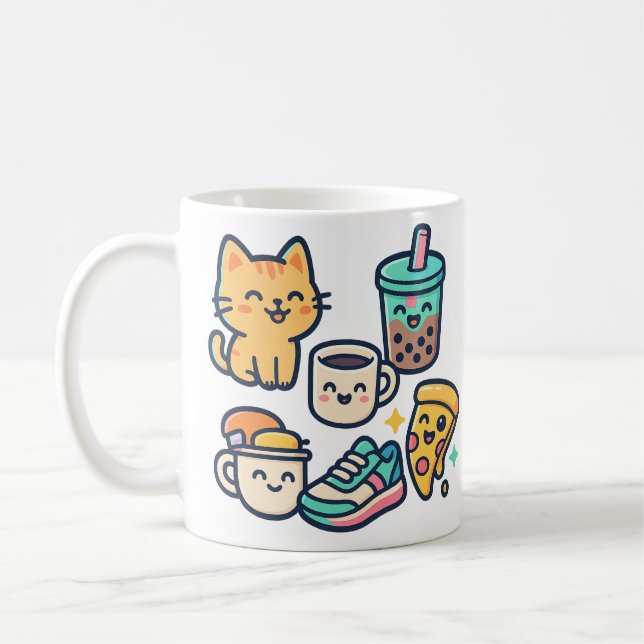 Caneca De Café Kawaii Cat Pizza Bubble Tea Coffee - Cute Mug Desi (Esquerda)