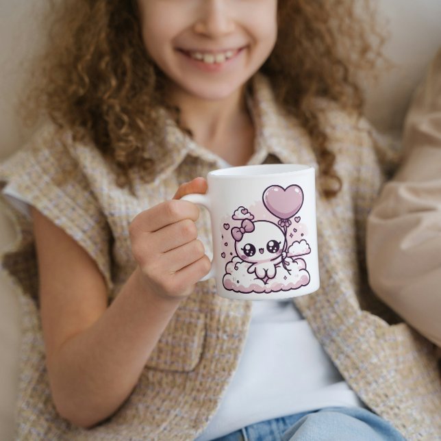 Caneca De Café Kawaii Cutie com um balão de coração (Criador carregado)