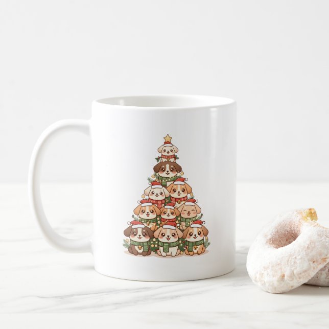 Caneca De Café Kawaii Dogs Christmas Tree – Cute Festive Puppy  (Com Donut)