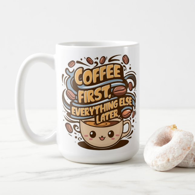 Caneca de Café Kawaii Fofa – “Café Primeiro, Tudo (Com Donut)