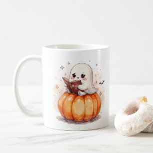 Caneca De Café Kawaii Ghost Reading on Pumpkin - Bonito Halloween