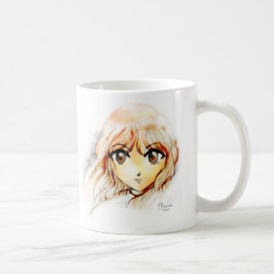 Caneca De Café Kawaii grande dos olhos do esboço da menina do