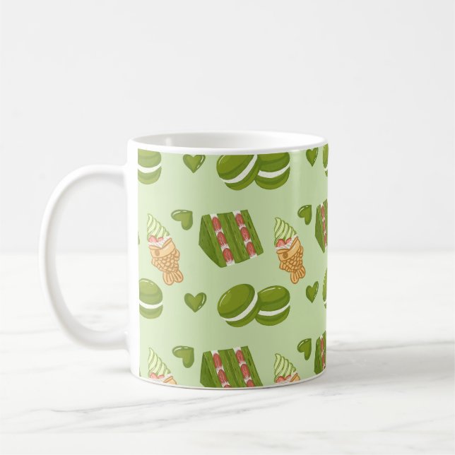Caneca De Café Kawaii Hand-Drawn Matcha Sweets Seamless Pattern (Esquerda)