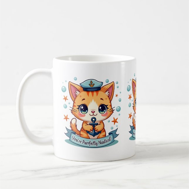 Caneca De Café Kawaii Náutico Cat Navegando Anchor Pun (Esquerda)