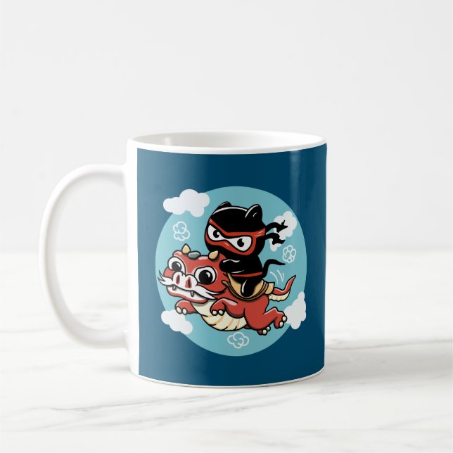 Caneca De Café Kawaii Ninja Cat Andando um Dragão Vermelho (Esquerda)