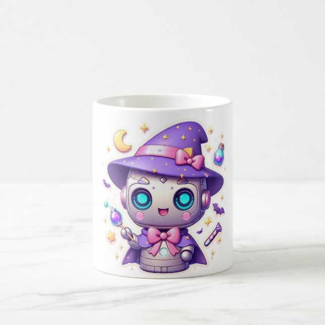 Caneca De Café Kawaii Robot Witch Mug Cute Magical Bot Cup (Centro)