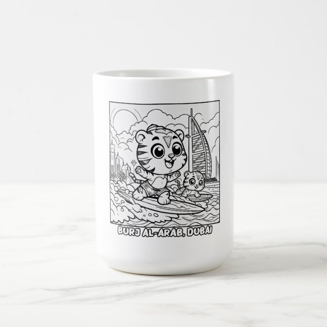 Caneca De Café Kawaii Tiger Surfista no Burj Al Arab Cartoon (Centro)