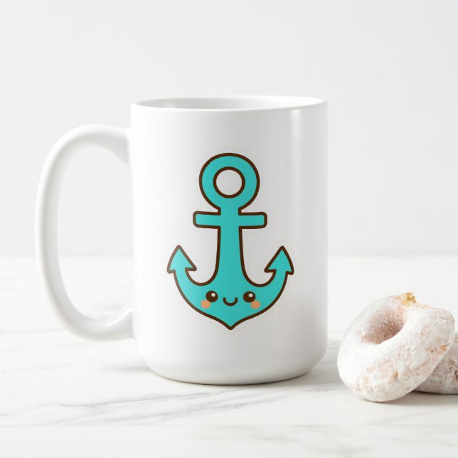 Caneca De Café Kawaii Turquoise Anchor - Whimsical & Cheerful (Com Donut)