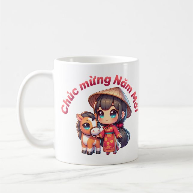 Caneca De Café Kawaii, vietnamita de ano novo, garota e cavalo (Esquerda)