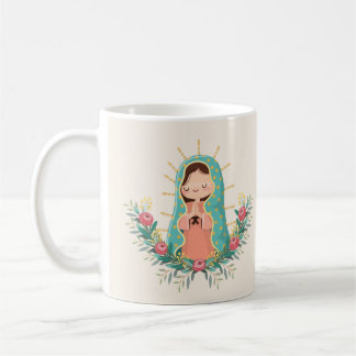 Caneca De Café Kawaii Virgin of Guadalupe with flower and prayer
