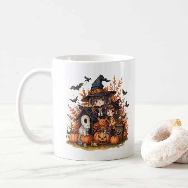 Caneca De Café Kawaii Witches with Ghost Puppy and Pumpkins (Com Donut)