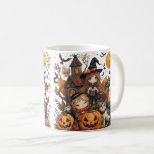Caneca De Café Kawaii Witches with Ghost Puppy and Pumpkins
