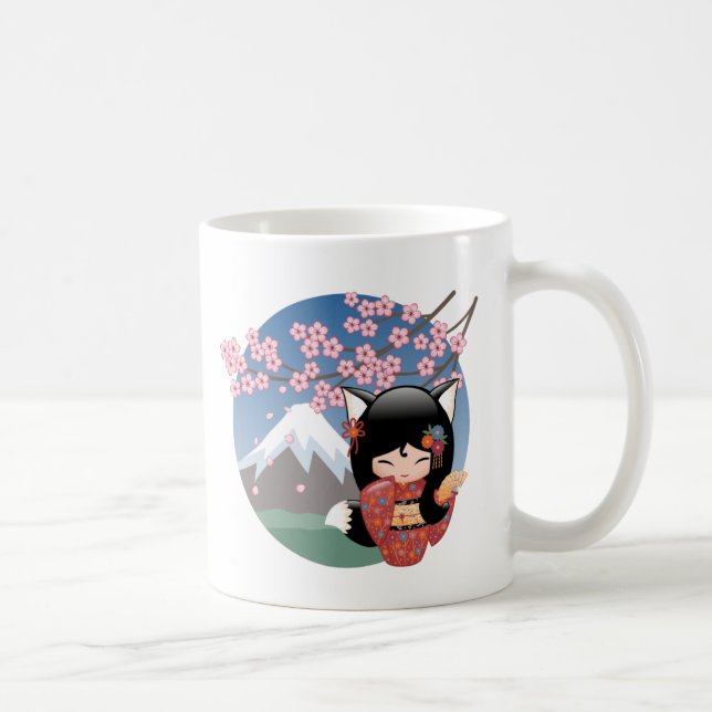 Caneca De Café Kitsune Kokeshi Doll - Café de Rapariga Raposa Neg (Direita)