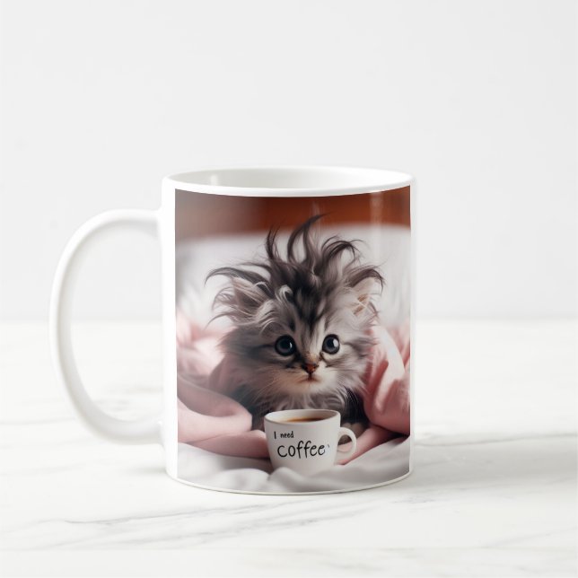 Caneca De Café Kitten acordando precisando de café. (Esquerda)