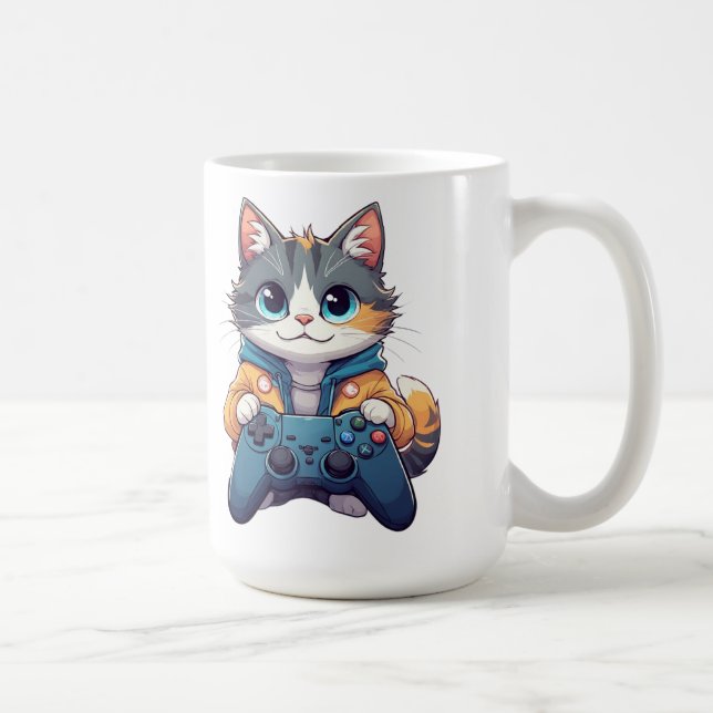Caneca De Café Kitten Holding Game Controller Smiling Gamer Cat (Direita)