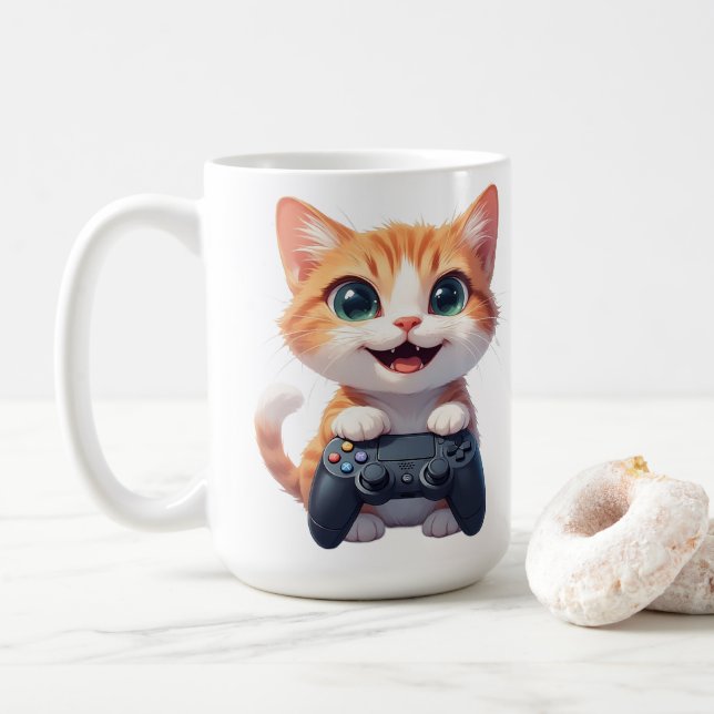 Caneca De Café Kitten Holding Game Controller Smiling Gamer Cat I (Com Donut)