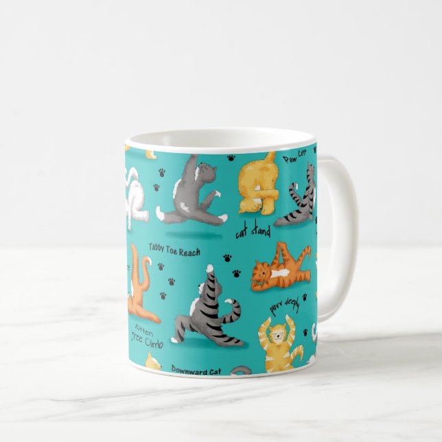 Caneca De Café Kitty Cat Yoga Poses Turquesa Azul (Frente Esquerda)