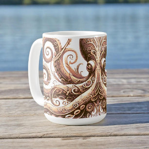 Caneca De Café Kraken Steampunk Polvo Ornamentado Dourado Branco
