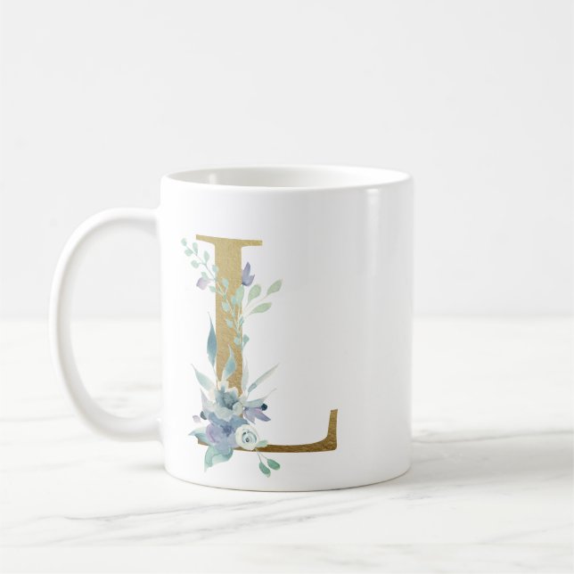 Caneca De Café L ouro inicial com folhagem floral azul (Esquerda)