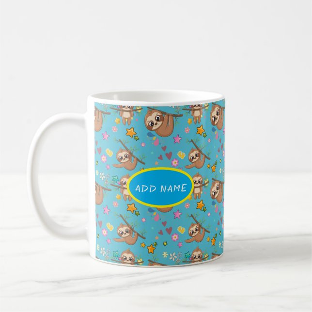 Caneca De Café Lã Cuta | Flores Estrelas de Padrão Azul Modelo (Esquerda)