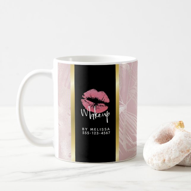 Caneca De Café Lábios brilhantes cor-de-rosa e folhas tropicais D (Com Donut)