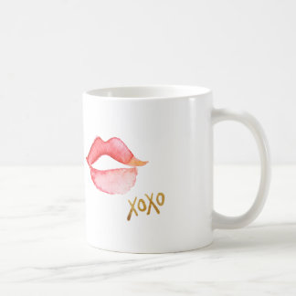 Caneca De Café Lábios da aguarela & folha Dourado XOXO
