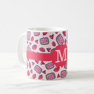 Caneca De Café Lábios Lindos Beijos & Corações Padrão de Monogram