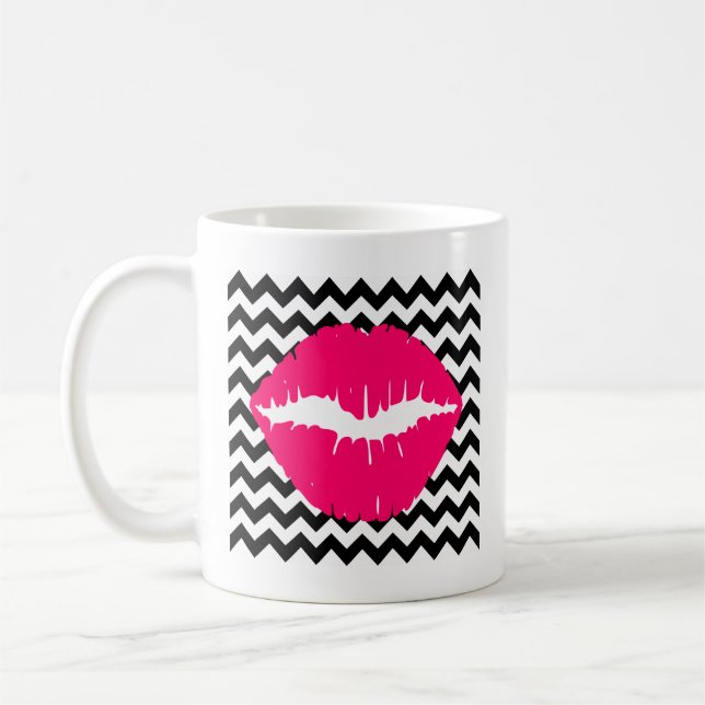Caneca De Café Lábios Rosa Brilhante em Zigzag Preto e Branco (Esquerda)