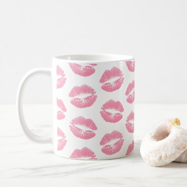 Caneca De Café Lábios Rosa, Padrão De Lábios, Batom Rosa, Beijo (Com Donut)