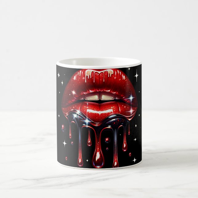 Caneca De Café Lábios Vermelhos Gotejando Brilho Glamour Faísca (Centro)
