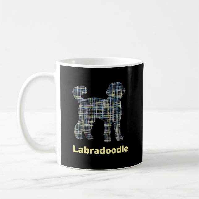 Caneca De Café Labradoodle Dog Silhouette Yellow&Blue Grid (Esquerda)