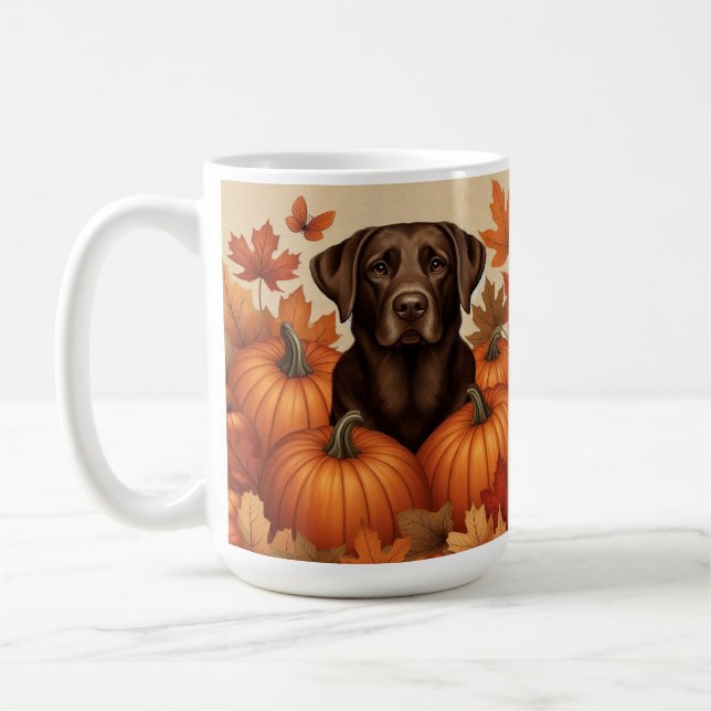 Caneca De Café Labrador Chocolate no Outono com Abóboras (Esquerda)