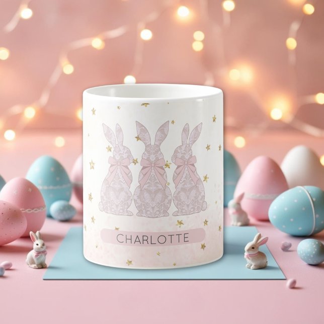 Caneca De Café Lace Bunny Páscoa Mug Personalizado (Personalized Lace Bunny Easter Mug)