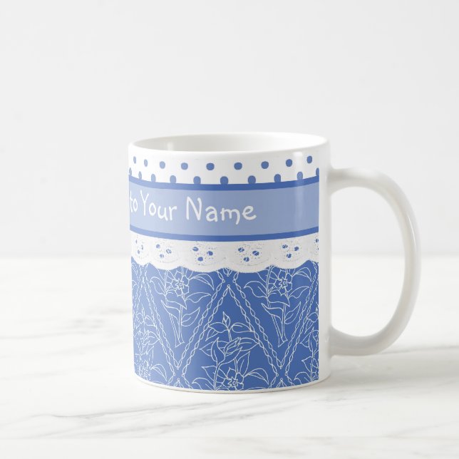 Caneca De Café Lace de Faux do Bolinhas Blue Periwinkes Personali (Direita)