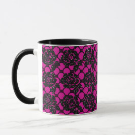 Caneca De Café Lace floral romântico de brilho negro e fushia
