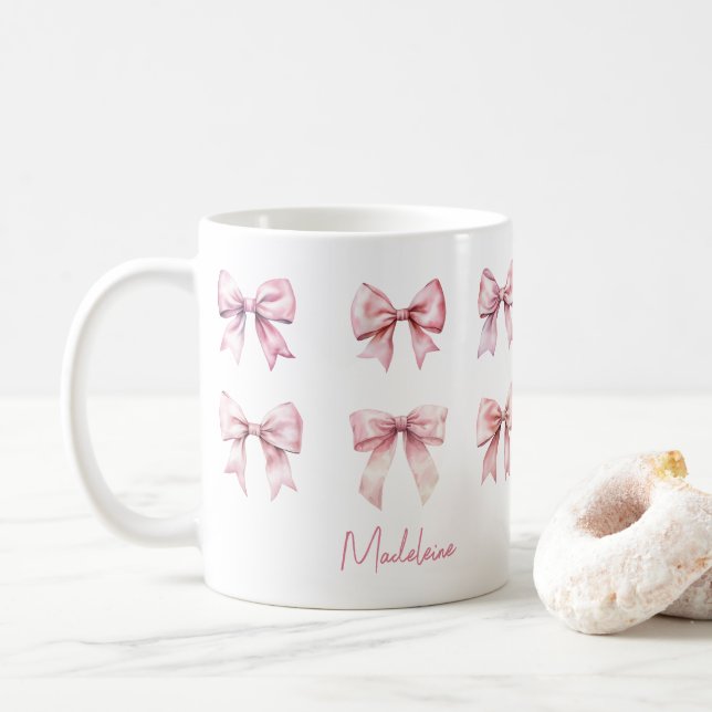 Caneca De Café Laço Rosa Coquette Nome Personalizado (Com Donut)