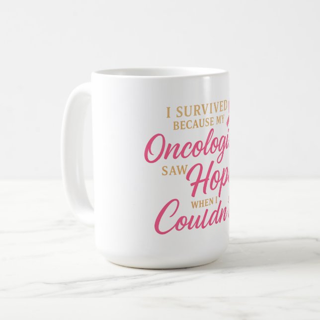 Caneca De Café Laço Rosa Oncologista Obrigado – Sobrevivente  (Frente Esquerda)