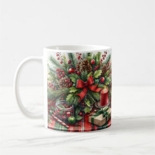 Caneca De Café Laço Vermelho Festivo de Natal com Folhagem 