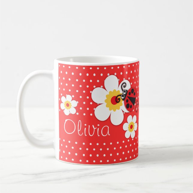 Caneca De Café Ladybug / ladybird Red yellow White name (Esquerda)