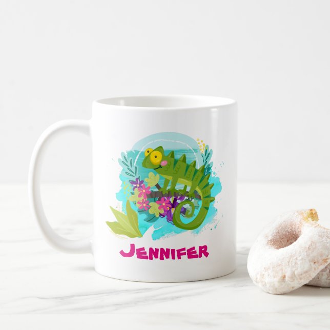 Caneca De Café Lagarto Tropical com Flores Personalizadas (Com Donut)