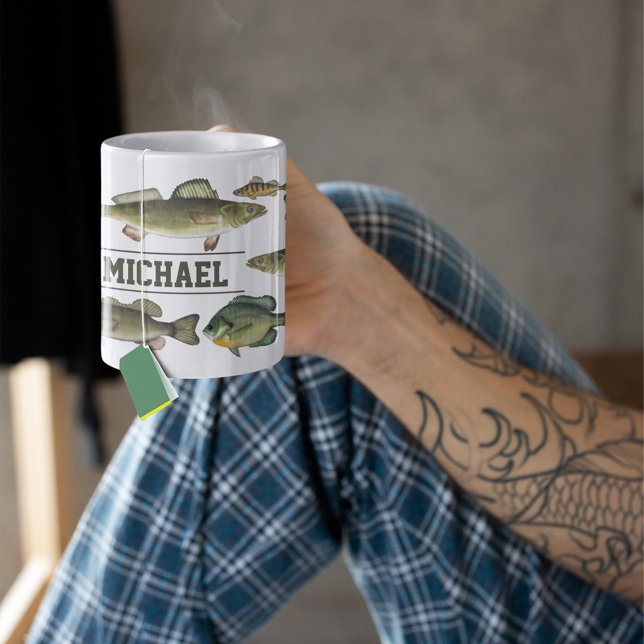 Caneca De Café Lago Fish Up North Cute Pescador Personalizado (Freshwater Fish Customized Name Mug)