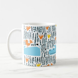 Caneca De Café Lago Hippos Birds: Padrão Vintage.