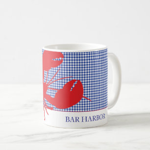 Caneca De Café Lagosta Vermelha Azul Gingham Costeira NOME Verão